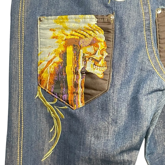 Vtg Y2K Delf Trading Imperious Mens Embroidered Blue Denim Skulls  W38 L32 - Picture 13 of 16